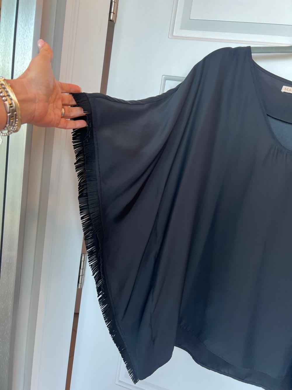 Marie Oliver Black Fringe Dolman Sleeve Silk Top size S - Picture 4 of 7
